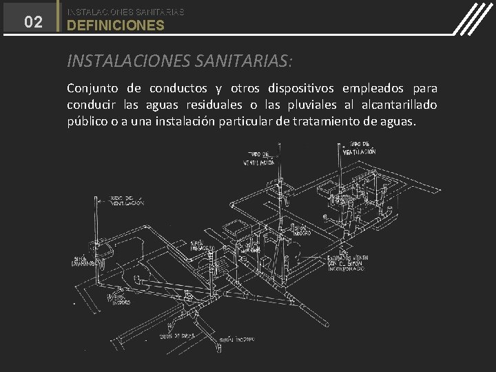02 INSTALACIONES SANITARIAS DEFINICIONES INSTALACIONES SANITARIAS: Conjunto de conductos y otros dispositivos empleados para