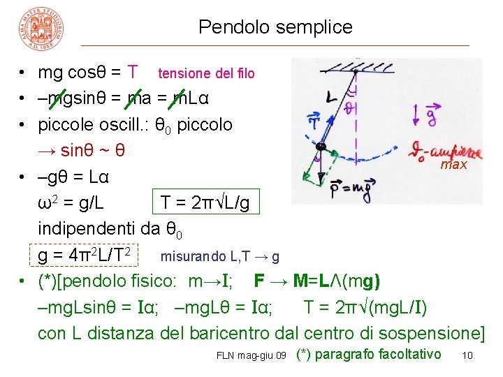 Pendolo semplice • mg cosθ = T tensione del filo • –mgsinθ = ma