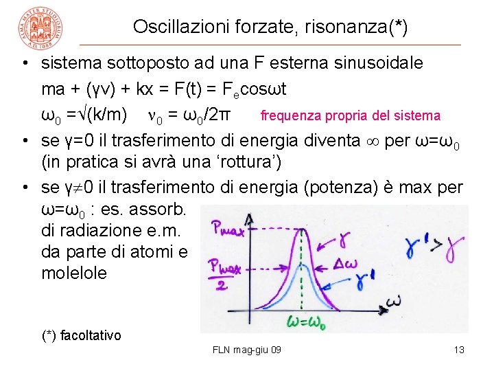 Oscillazioni forzate, risonanza(*) • sistema sottoposto ad una F esterna sinusoidale ma + (γv)