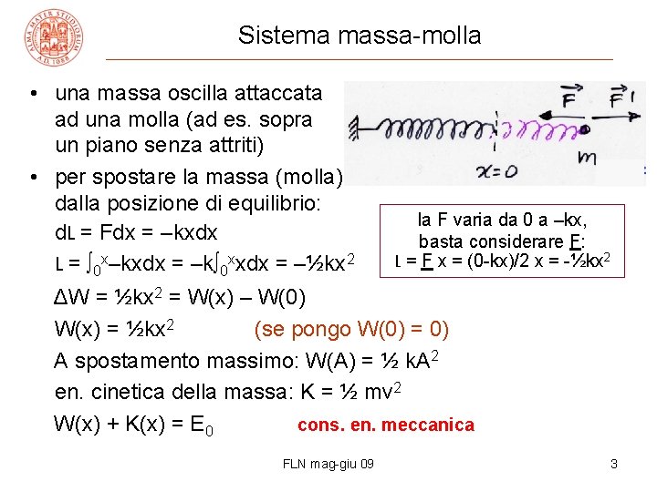 Sistema massa-molla • una massa oscilla attaccata ad una molla (ad es. sopra un