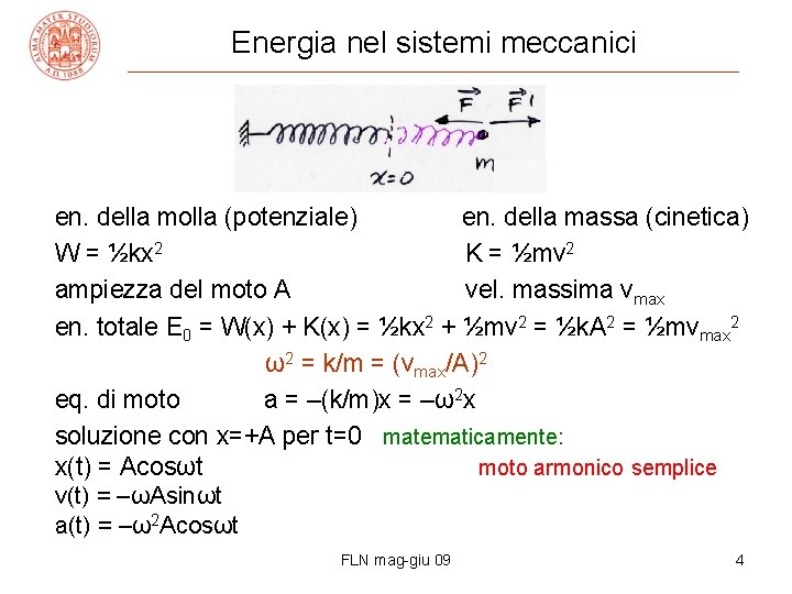 Energia nel sistemi meccanici en. della molla (potenziale) en. della massa (cinetica) W =