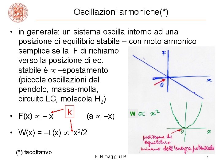 Oscillazioni armoniche(*) • in generale: un sistema oscilla intorno ad una posizione di equilibrio