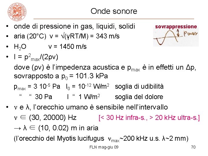 Onde sonore • onde di pressione in gas, liquidi, solidi sovrappressione • aria (20°C)