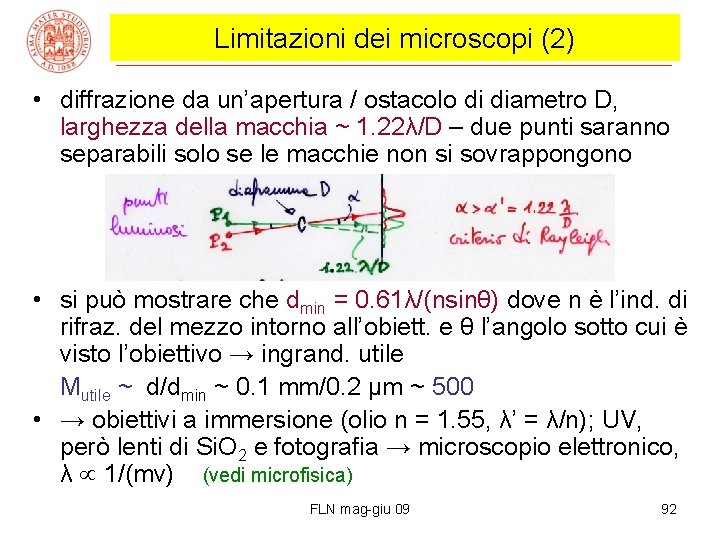 Limitazioni dei microscopi (2) • diffrazione da un’apertura / ostacolo di diametro D, larghezza