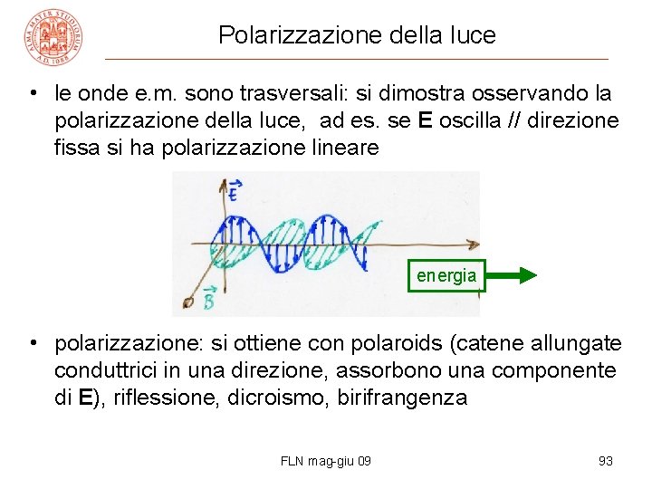 Polarizzazione della luce • le onde e. m. sono trasversali: si dimostra osservando la