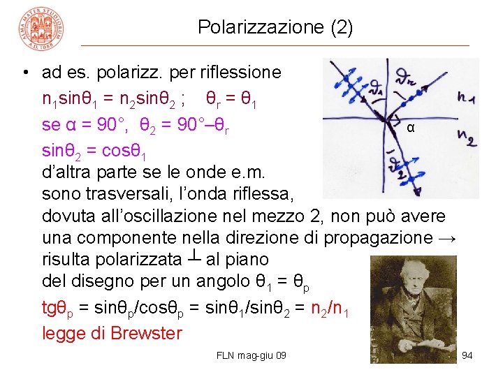 Polarizzazione (2) • ad es. polarizz. per riflessione n 1 sinθ 1 = n