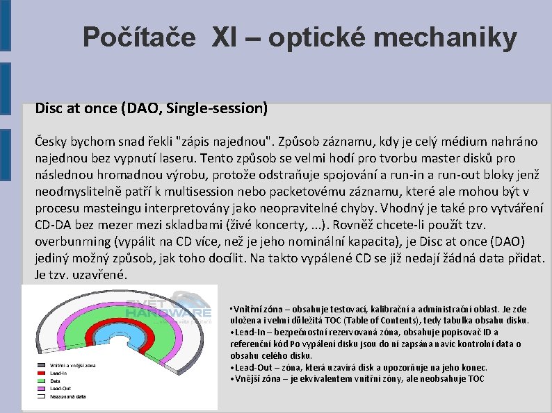 Počítače XI – optické mechaniky Disc at once (DAO, Single-session) Česky bychom snad řekli