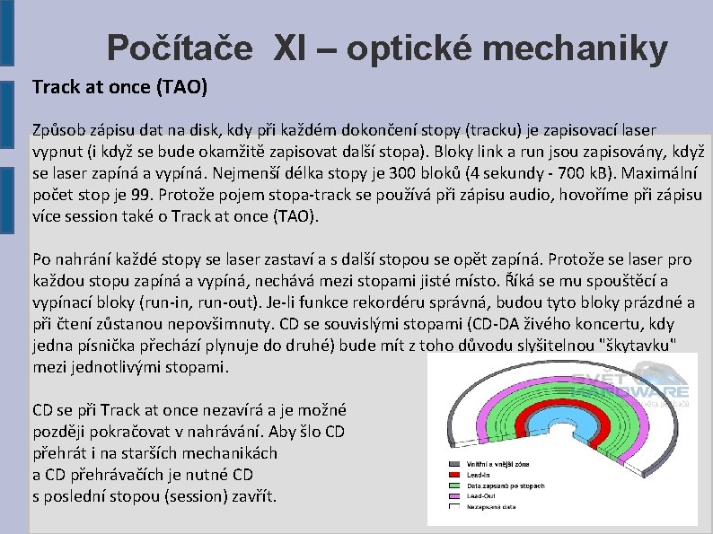 Počítače XI – optické mechaniky Track at once (TAO) Způsob zápisu dat na disk,