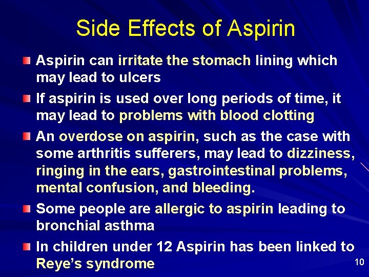 Side Effects of Aspirin can irritate the stomach lining which may lead to ulcers