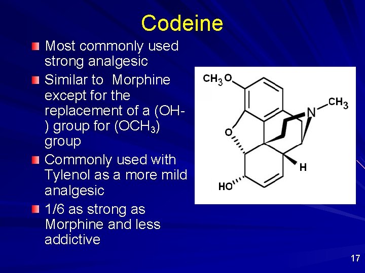 Codeine Most commonly used strong analgesic Similar to Morphine except for the replacement of