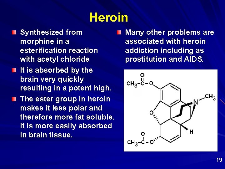 Heroin Synthesized from morphine in a esterification reaction with acetyl chloride It is absorbed