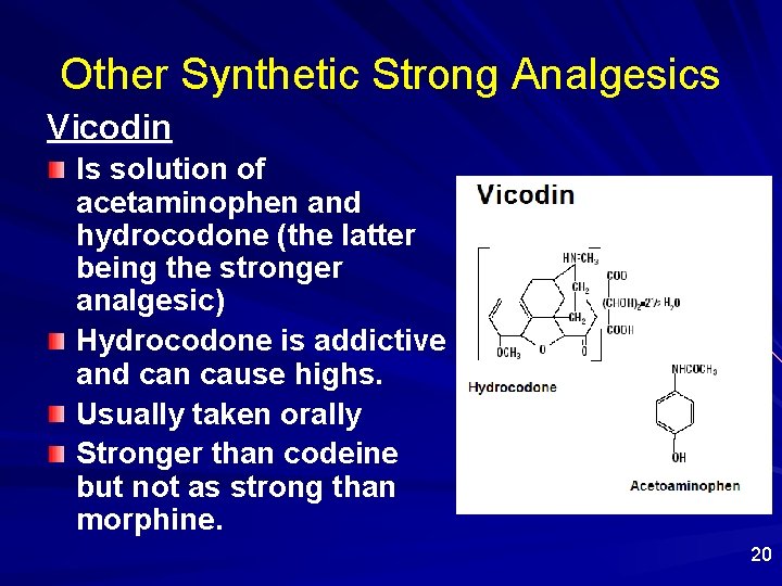 Other Synthetic Strong Analgesics Vicodin Is solution of acetaminophen and hydrocodone (the latter being