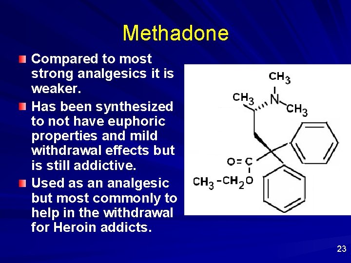 Methadone Compared to most strong analgesics it is weaker. Has been synthesized to not