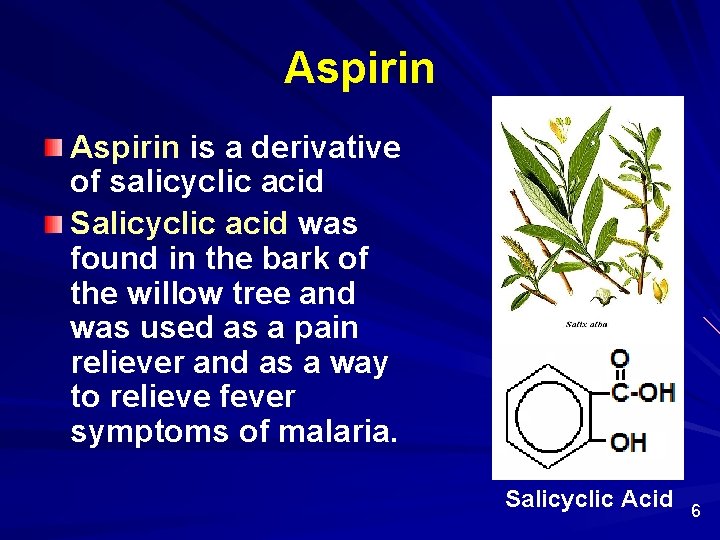 Aspirin is a derivative of salicyclic acid Salicyclic acid was found in the bark