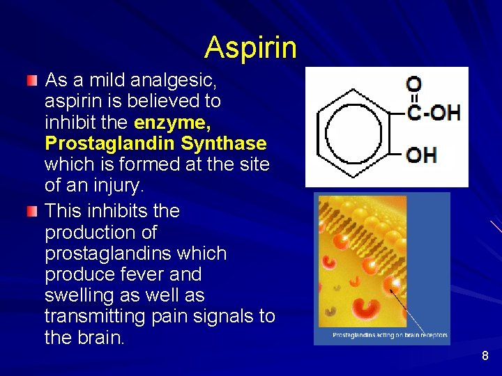 Aspirin As a mild analgesic, aspirin is believed to inhibit the enzyme, Prostaglandin Synthase
