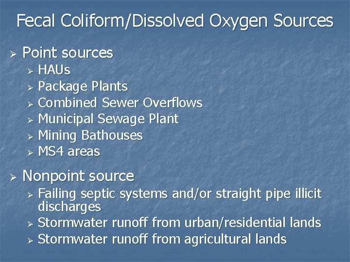 Fecal Coliform/Dissolved Oxygen Sources Ø Point sources HAUs Ø Package Plants Ø Combined Sewer