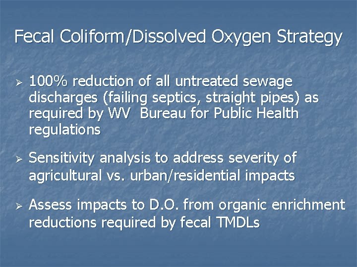 Fecal Coliform/Dissolved Oxygen Strategy Ø Ø Ø 100% reduction of all untreated sewage discharges