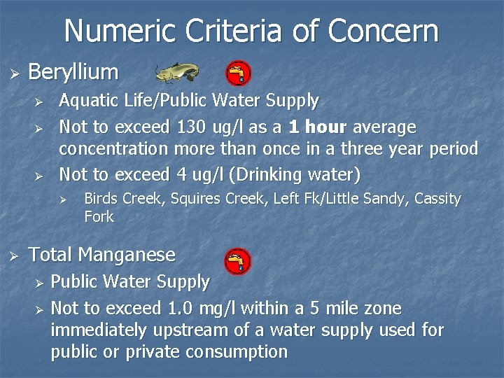 Numeric Criteria of Concern Ø Beryllium Ø Ø Ø Aquatic Life/Public Water Supply Not