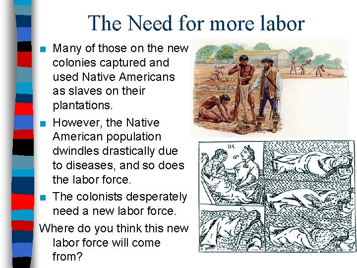 The Need for more labor ■ Many of those on the new colonies captured