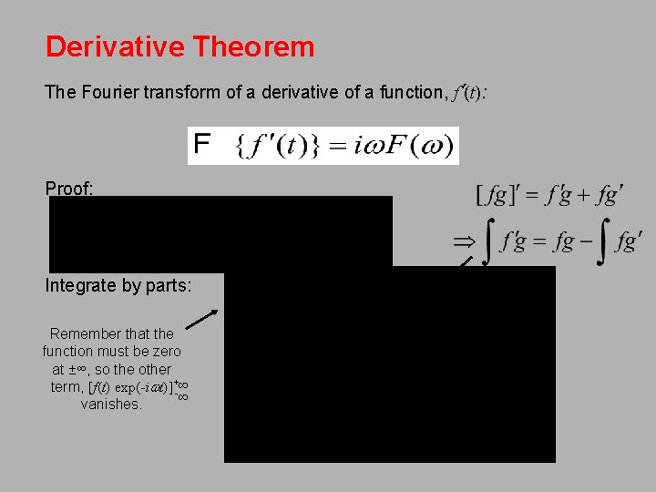 Derivative Theorem The Fourier transform of a derivative of a function, f’(t): Proof: Integrate