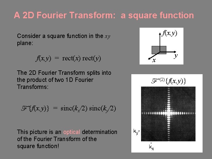 A 2 D Fourier Transform: a square function f(x, y) Consider a square function