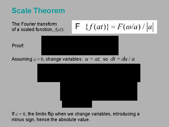 Scale Theorem The Fourier transform of a scaled function, f(at): Proof: Assuming a >