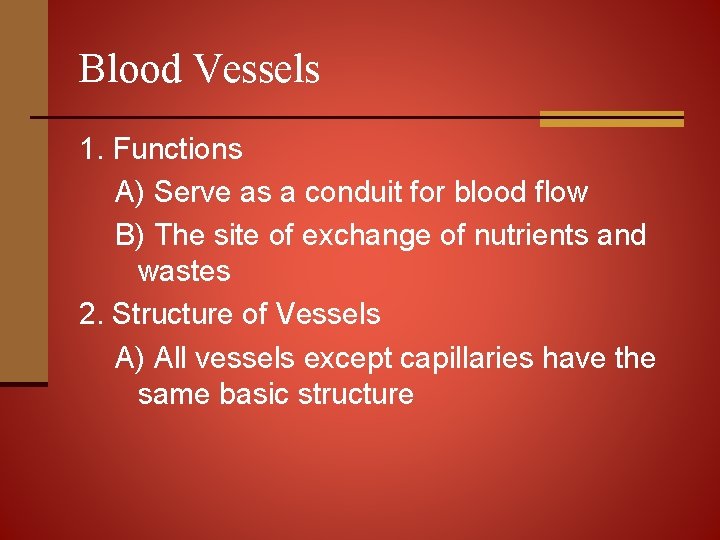 Blood Vessels 1. Functions A) Serve as a conduit for blood flow B) The