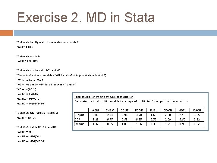 Exercise 2. MD in Stata *Calculate identity matrix I - uses size from matrix Exercise 2. MD in Stata *Calculate identity matrix I - uses size from matrix