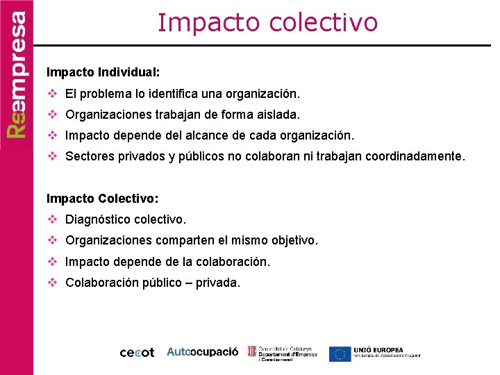 Impacto colectivo Impacto Individual: v El problema lo identifica una organización. v Organizaciones trabajan