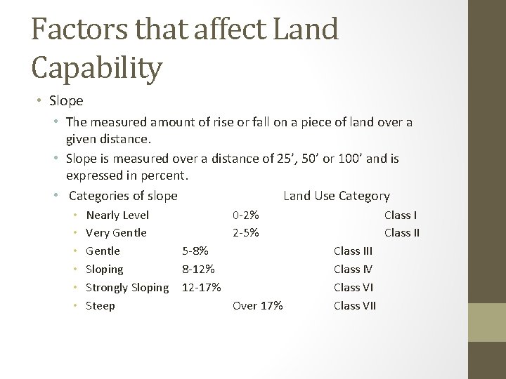 Factors that affect Land Capability • Slope • The measured amount of rise or