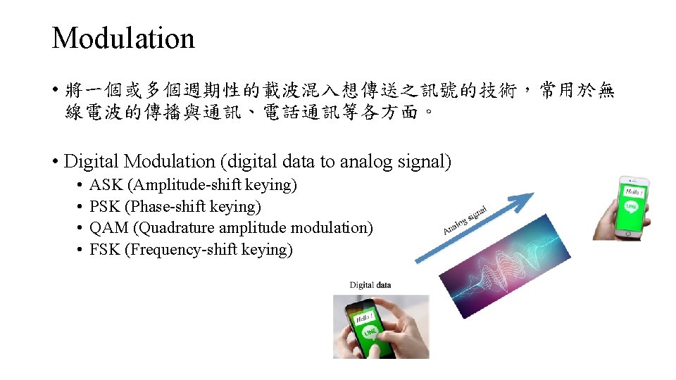 Modulation • 將一個或多個週期性的載波混入想傳送之訊號的技術，常用於無 線電波的傳播與通訊、電話通訊等各方面。 • Digital Modulation (digital data to analog signal) • •