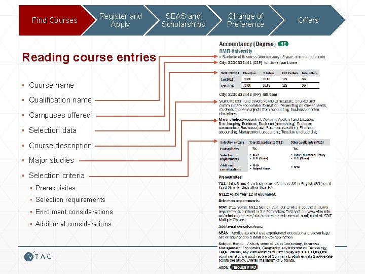 Find Courses Register and Apply Reading course entries ▪ Course name ▪ Qualification name