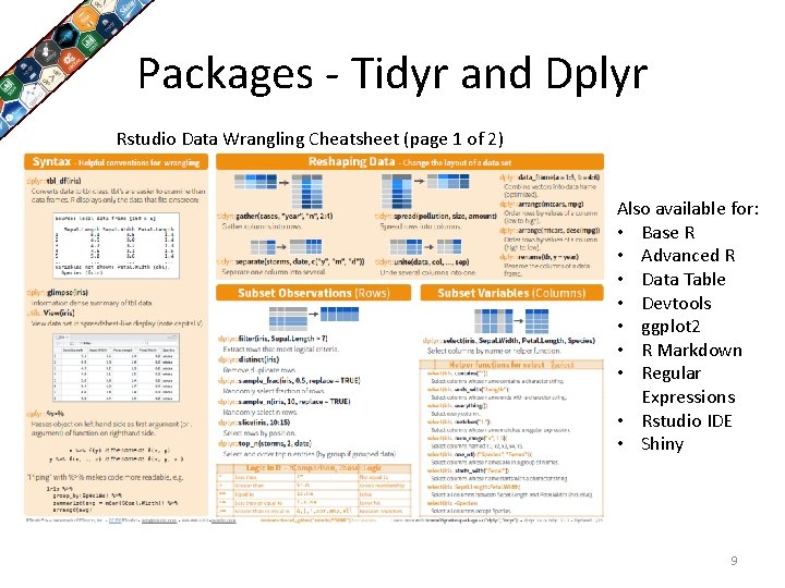 Packages - Tidyr and Dplyr Rstudio Data Wrangling Cheatsheet (page 1 of 2) Also