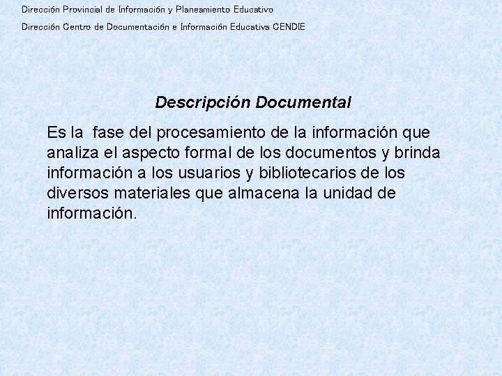 Dirección Provincial de Información y Planeamiento Educativo Dirección Centro de Documentación e Información Educativa