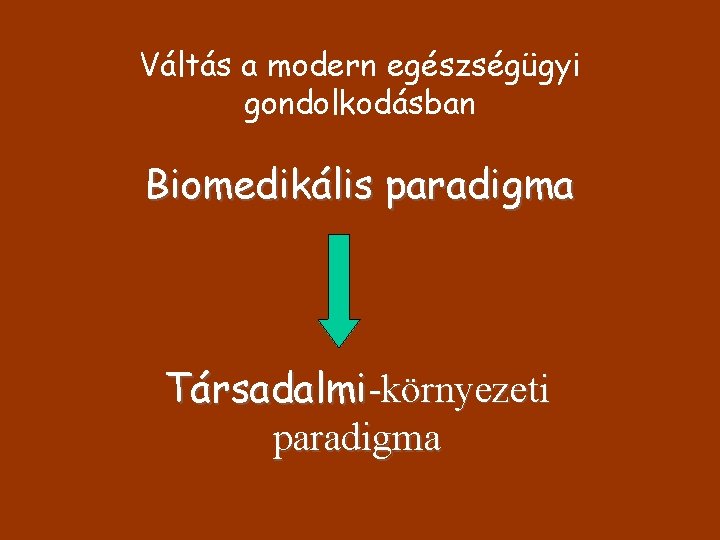 Váltás a modern egészségügyi gondolkodásban Biomedikális paradigma Társadalmi-környezeti paradigma 