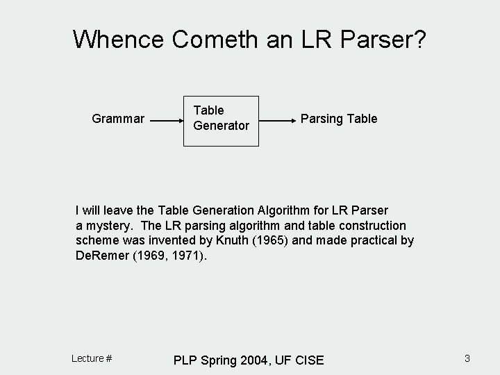 Whence Cometh an LR Parser? Grammar Table Generator Parsing Table I will leave the