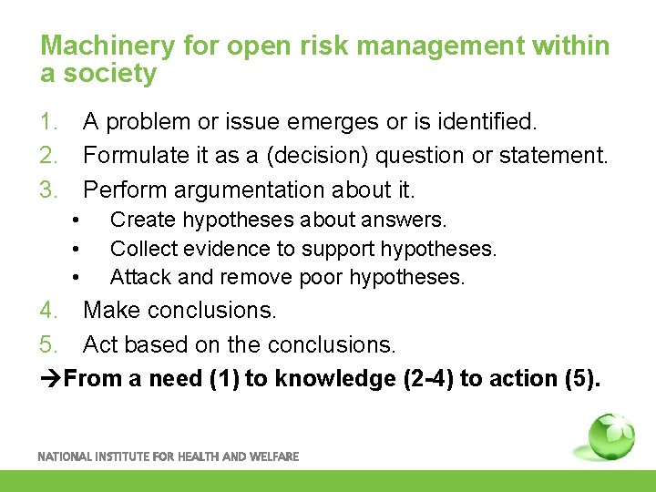 Machinery for open risk management within a society 1. A problem or issue emerges