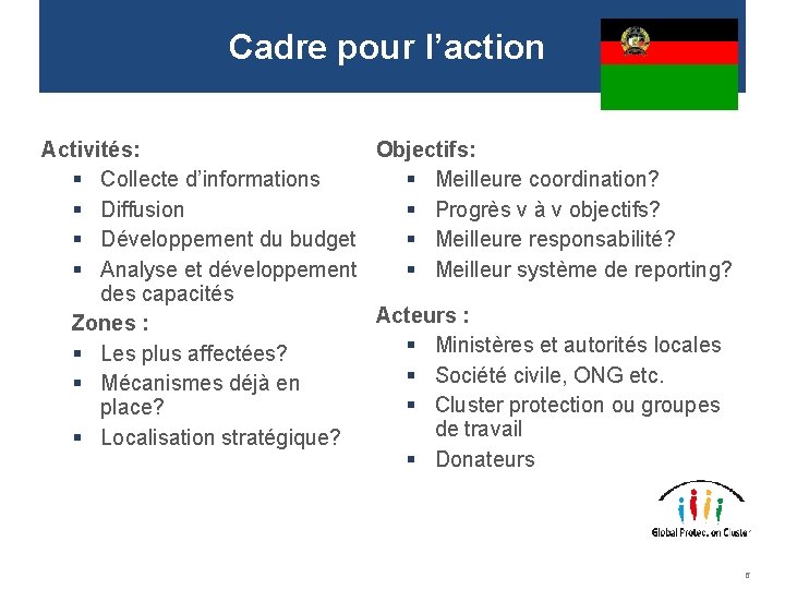 Cadre pour l’action Activités: Objectifs: § Collecte d’informations § Meilleure coordination? § Diffusion §