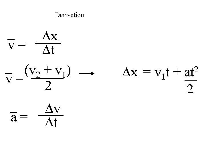 Derivation Dx v = Dt (v 2 + v 1) v= 2 a= Dv