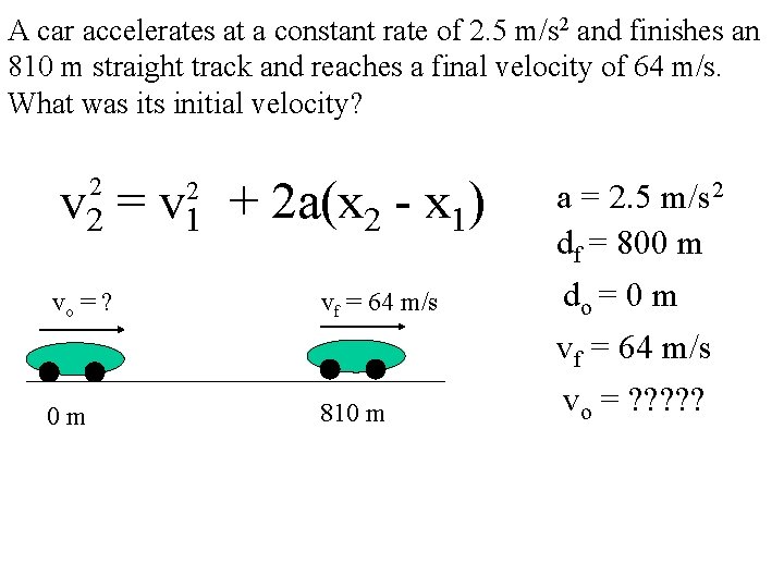 A car accelerates at a constant rate of 2. 5 m/s 2 and finishes