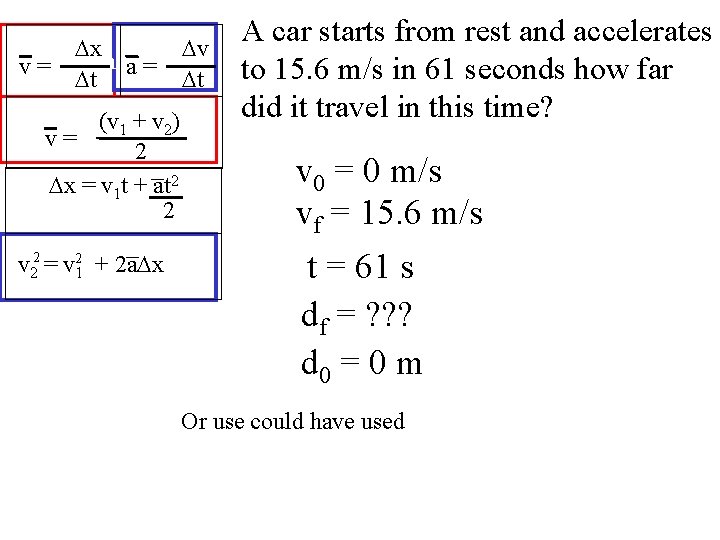 Dx ofv equations = a= Dt (v 1 + v 2) ofv equations =