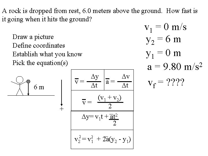 A rock is dropped from rest, 6. 0 meters above the ground. How fast