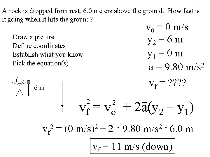 A rock is dropped from rest, 6. 0 meters above the ground. How fast