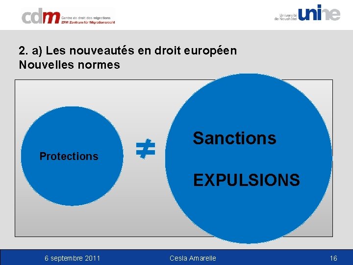 2. a) Les nouveautés en droit européen Nouvelles normes Sanctions Protections EXPULSIONS 6 septembre