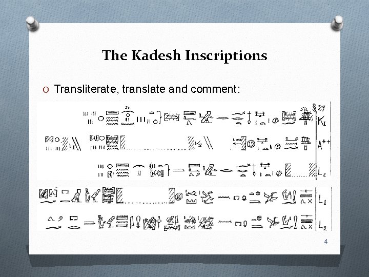 The Kadesh Inscriptions O Transliterate, translate and comment: 4 