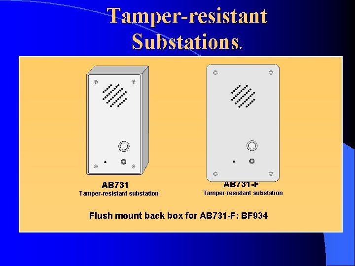 Tamper-resistant Substations. AB 731 Tamper-resistant substation AB 731 -F Tamper-resistant substation Flush mount back