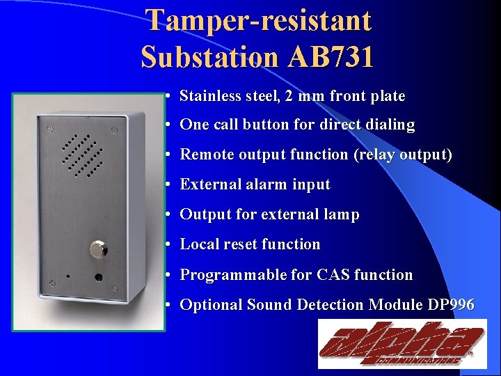 Tamper-resistant Substation AB 731 • Stainless steel, 2 mm front plate • One call