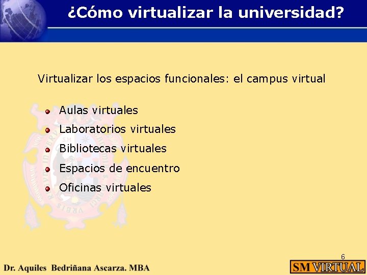 ¿Cómo virtualizar la universidad? Virtualizar los espacios funcionales: el campus virtual Aulas virtuales Laboratorios