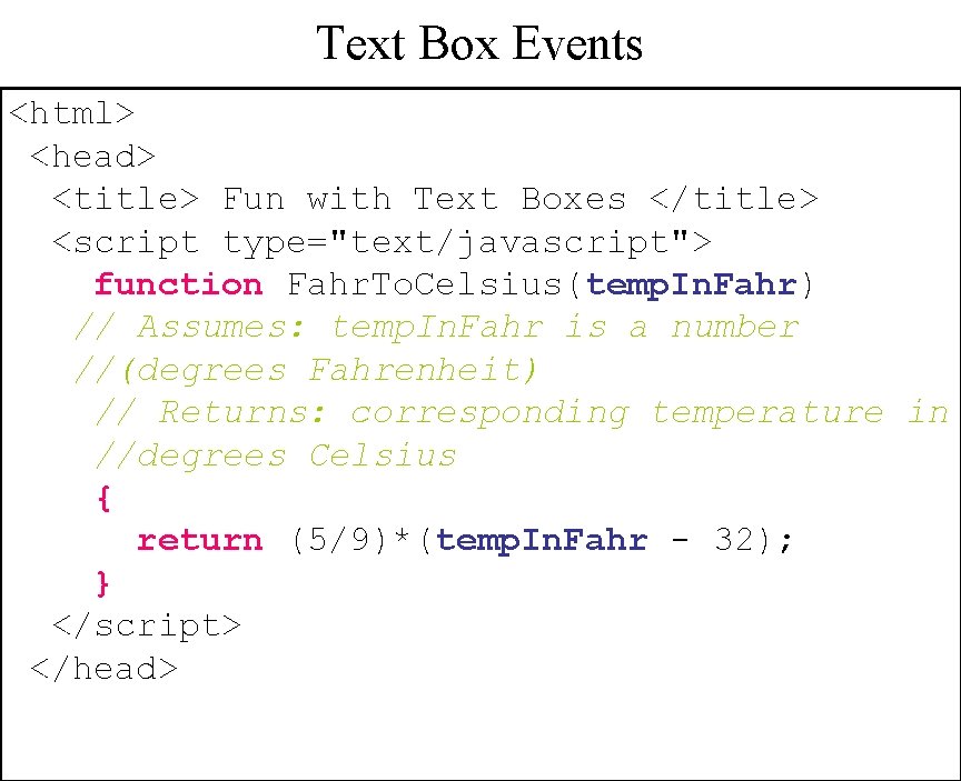 Text Box Events <html> <head> <title> Fun with Text Boxes </title> <script type="text/javascript"> function