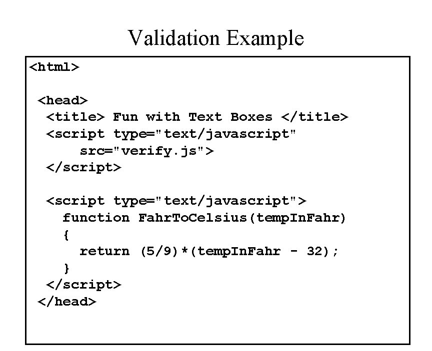 Validation Example <html> <head> <title> Fun with Text Boxes </title> <script type="text/javascript" src="verify. js">